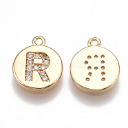 Brass Cubic Zirconia Charms, Flat Round with Letter, Real 18K Gold Plated, Clear, Letter.R, 12x10x2mm, Hole: 1mm(X-KK-T038-194G-R)