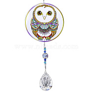 Glass Teardrop Window Hanging Suncatchers, with Acrylic Owl Meditation Home Outdoor Garden Ornaments, Owl, 430mm(DJEW-PW0010-04B)