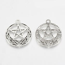 Tibetan Style Alloy Pentacle Pendants, Wicca Pendants, Flat Round with Pentagram Star, Antique Silver, 30.5x26x1.5mm, Hole: 2mm(TIBEP-T004-88AS)