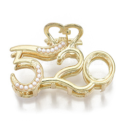 (Holiday Stock-Up Sale)Alloy Claw Hair Clips, with ABS Plastic Imitation Pearl, Long-Lasting Plated, Number 520 with Heart, Light Gold, White, 32x49x29mm(PHAR-N004-008)