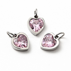 304 Stainless Steel Pendants, with Cubic Zirconia and Jump Rings, Single Stone Charms, Heart, Stainless Steel Color, Pearl Pink, 9x8x3mm, Hole: 3.6mm(X-STAS-D189-06P-02)
