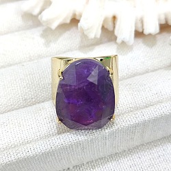 Oval Brass with Natural Amethyst Cuff Rings, Golden, Inner Diameter: 18mm(FS-WG8D200-08)