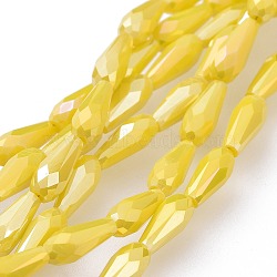 Electroplated Opaque Glass Beads Strands, Full Rainbow Plated, Faceted, Teardrop, Yellow, 9~10x4mm, Hole: 0.8mm, about 70~72pcs/strand, 25.98 inch~27.95 inch(66~71cm)(EGLA-L015-FR-B08)