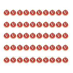 Golden Plated Alloy Charms, with Enamel, Enamelled Sequins, Flat Round, Red, Letter.V, 14x12x2mm, Hole: 1.5mm, 50pcs/Box(ENAM-SZ0001-25C-V)