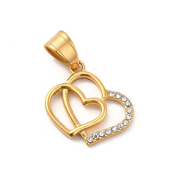 304 Stainless Steel Pendants, with Crystal Rhinestone, Bouble Heart Charms, Golden, 18x19.5x2.5mm, Hole: 7x5mm