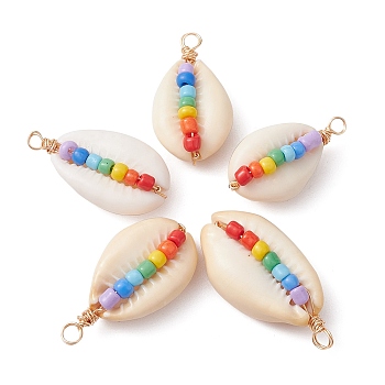 10Pcs Natural Shell Pendants, 7 Chakra Glass Round Seed  Beads Wrapped Charms, Colorful, 25~30mm, Hole: 1.8~2.8mm