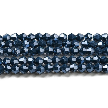 Opaque Solid Color Electroplate Glass Beads Strands, Pearl Luster Plated, Faceted, Bicone, Prussian Blue, 4x4mm, Hole: 0.8mm, about 87~98pcs/strand, 12.76~14.61 inch(32.4~37.1cm)