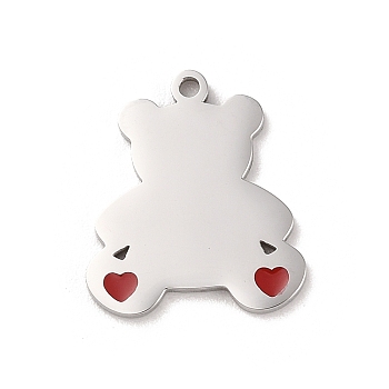 304 Stainless Steel Pendants, with Enamel, Bear with Heart Charm, Stainless Steel Color, 18x16x1.5mm, Hole: 1.4mm