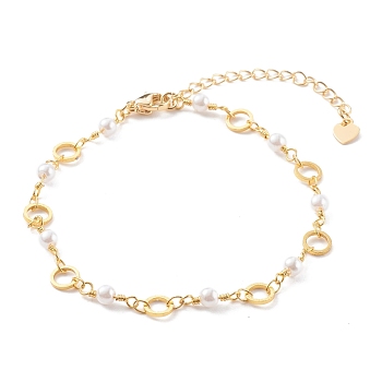 Brass Ring Link Chain Bracelets, with Round Glass Beads and Lobster Claw Clasps, White, Real 18K Gold Plated, 7-5/8 inch(19.5cm)
