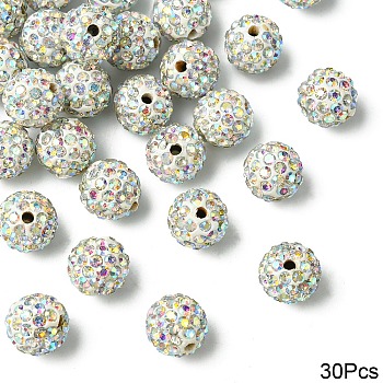 30Pcs Polymer Clay Rhinestone Beads, Grade A, Round, Pave Disco Ball Beads, Crystal AB, 10x9.5mm, Hole: 1.5mm, 30pcs/set