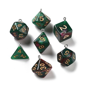 7Pcs 7 Styles Transparent Resin Polyhedral Dice Pendants Set, Pearlized Multi-Sided Dice Charms with Platinum Plated Iron Loops, Mixed Shapes, Green, 20~28x19~24x17~24mm, Hole: 2mm, 1pc/style