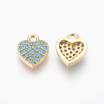 Brass Micro Pave Cubic Zirconia Charms, Heart, Sky Blue, Golden, 9.5x8x2.5mm, Hole: 1.4mm