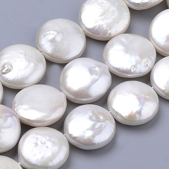 Natural Baroque Pearl Keshi Pearl Beads Strands, Cultured Freshwater Pearl, Flat Round, Floral White, 14~16x5~7mm, Hole: 0.5mm, about 12pcs/strand, 7.75 inch