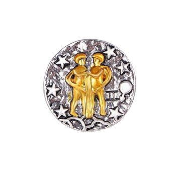 Constellation Alloy Pins, Round Brooch, Zodiac Sign Badge for Clothes Backpack, Gemini, 18mm