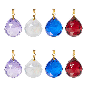 8Pcs 4 Colors Transparent K9 Glass Pendants, with Golden Brass Findings, Faceted Teardrop Charms, Mixed Color, 30x20mm, Hole: 3.5x4mm, 2Pcs/color