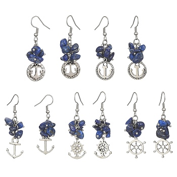 Alloy Dangle Earrings with 304 Stainless Steel Pins, Natural Lapis Lazuli Chips Cluster Earrings , Mixed Shapes, 45~50mm