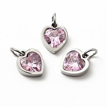 304 Stainless Steel Pendants, with Cubic Zirconia and Jump Rings, Single Stone Charms, Heart, Stainless Steel Color, Pearl Pink, 9x8x3mm, Hole: 3.6mm