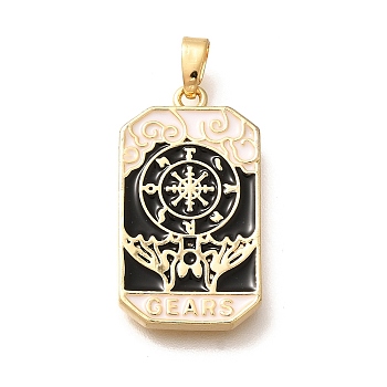 Tarot Card Brass Enamel Pendents, Real 18K Gold Plated, Rack Plating, Lead Free & Cadmium Free, Rectangle, Gear, 25x14x2.5mm, Hole: 5x2.5mm