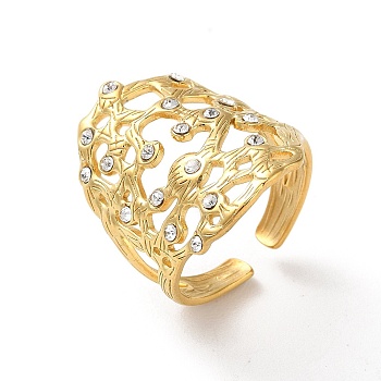 304 Stainless Steel Rhinestone Cuff Rings, Round, Real 18K Gold Plated, Adjustable