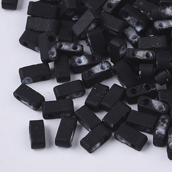 2-Hole Glass Seed Beads, Rubberized Style, Rectangle, Black, 4.5~5.5x2x2~2.5mm, Hole: 0.5~0.8mm