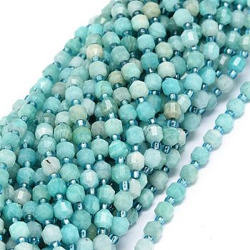 Natural Amazonite Beads Strands, with Seed Beads, Faceted, Bicone, Double Terminated Point Prism Beads, 5~7x6mm, Hole: 0.8mm, about 48pcs/strand, 15.55 inch(39.5cm)