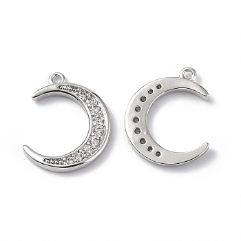 Brass Micro Pave Clear Cubic Zirconia Charms, Moon, Platinum, 14.5x12x1.4mm, Hole: 1mm