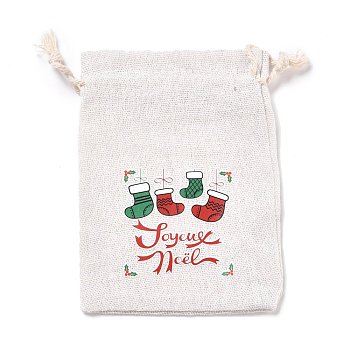 Christmas Cotton Cloth Storage Pouches, Rectangle Drawstring Bags, for Candy Gift Bags, Christmas Socking, 13.8x10x0.1cm