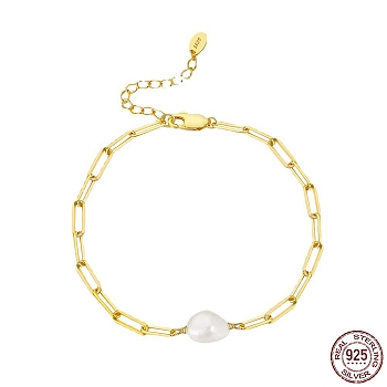 Natural Freshwater Pearls Bead Link Bracelets, with Adjustable 925 Sterling Silver Paperchip Chain Bracelets for Women, with S925 Stamp, Real 14K Gold Plated, 7-1/8 inch(18cm)