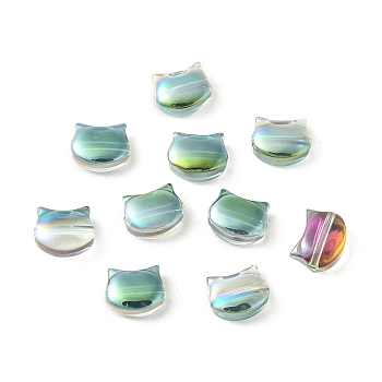 Electroplate Glass Beads, Half Plated, Cat Shape, Green Plated, 8x10x5mm, Hole: 1.2mm