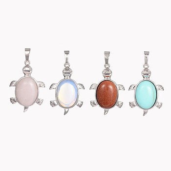 Tortoise Gemstone Pendants, with Brass Findings, Cadmium Free & Lead Free, Platinum, Natural & Synthetic Mixed Stone, 33.5x22x7mm, Hole: 5mm