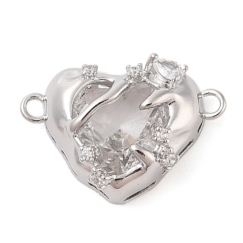 Brass Pave Glass Connector Charms, Heart Links, Real Platinum Plated, Clear, 17x25x8mm, Hole: 1.9mm