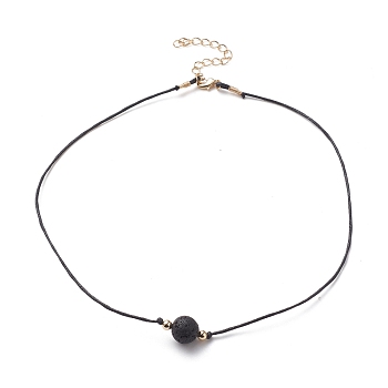 Natural Lava Rock Beaded Necklaces, with Waxed Cotton Cords, Brass Round Beads and 304 Stainless Steel Lobster Claw Clasps, Golden, 15.75 inch(40cm)