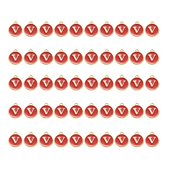 Golden Plated Alloy Charms, with Enamel, Enamelled Sequins, Flat Round, Red, Letter.V, 14x12x2mm, Hole: 1.5mm, 50pcs/Box