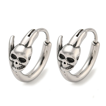 316 Surgical Stainless Steel Hoop Earrings, Antique Silver, Skull, 14x6.5mm