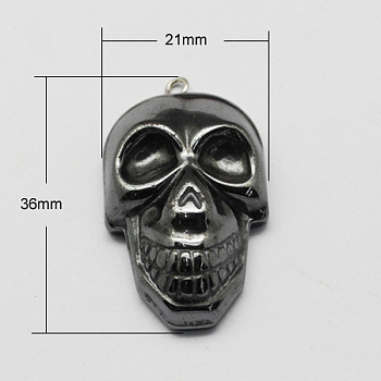 Non-magnetic Hematite Pendants for Halloween, Grade A, with Iron Findings, Skull, Black, 36x21x9mm, Hole: 2mm
