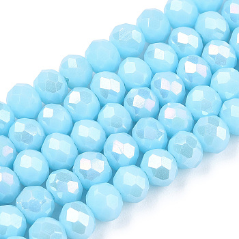 Electroplate Glass Beads Strands, Opaque Solid Color, AB Color Plated, Faceted, Rondelle, Light Sky Blue, 8x6mm, Hole: 1mm, about 64~65pcs/strand, 40~41cm