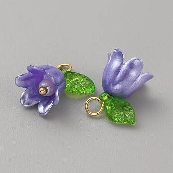 Acrylic Charms, with ABS Plastic Imitation Pearl Beads and Brass Finding, Lily of the Valley, Dark Violet, 14x13x11mm, Hole: 2.8mm