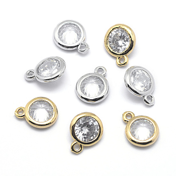 Brass Cubic Zirconia Charms, Flat Round, Cadmium Free & Nickel Free & Lead Free, Mixed Color, 8.5x6.5x3mm, Hole: 1mm