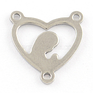 201 Stainless Steel Chandelier Component Links, 3 Loop Connectors, Heart with Mother and Son, Stainless Steel Color, 16x15x1mm, Hole: 1mm(STAS-R064-36)