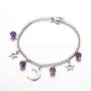 Moon & Star Stainless Steel Gemstone Charm Bracelets, with Lobster Claw Clasps, Amethyst, 7-1/4 inch(185mm)(BJEW-JB01935-03)