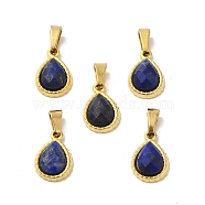 Natural Lapis Lazuli Faceted Teardrop Charms, with Golden Tone 304 Stainless Steel Snap on Bails, 14x9.5x4mm, Hole: 6x3mm(STAS-P361-01G-01)