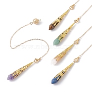 Natural Mixed Gemstone Pointed Dowsing Pendulums, with Brass Cable Chains, Soldered, Real 18K Gold Plated, Faceted Bullet Charm, 250mm, Hole: 3mm(PALLOY-JF02149)