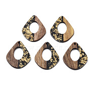 Translucent Resin Waxed Walnut Wood Pendants, with Gold Foil, Teardrop, Black, 32.5x27x3mm, Hole: 2mm(RESI-Q211-03)