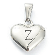 304 Stainless Steel Pendants, Heart with Black Letter, Stainless Steel Color, Letter.Z, 16x16x4.5mm, Hole: 7x3mm(STAS-P278-01Z-P)