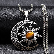 Gothic Moon Sun 304 Stainless Steel Pave Natural Tiger Eye Pendant Necklaces for Women, Stainless Steel Color, 19.69 inch(50cm)(FS-WG56BEB-01)