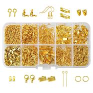 DIY Jewelry Making Finding Kit, Including Iron Peg Bails, Ribbon Crimp & Cord Ends, Earring Hooks, Bead Tips, Clasp, Brooch Findings, Golden, 7~17x4~6.5x1.5mm, Hole: 4mm, 1073Pcs/box(IFIN-CJ0001-79)
