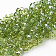 Electroplate Glass Faceted Rondelle Beads Strands, Half Plated, Yellow Green, 6x4mm, Hole: 1mm, about 85~88pcs/strand, 16.1~16.5 inch(41~42cm)(EGLA-D020-6x4mm-34)