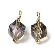 Electroplate Glass Charms, with Real 18K Gold Plated Brass Loop, Faceted Diagonal Cube Charm, Gray, 12.5x8x7.5mm, Hole: 1.6mm(KK-P242-22G-03)