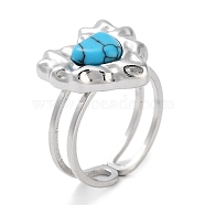 Ion Plating(IP) 304 Stainless Steel Ring, Adjustable Synthetic Turquoise Rings, Heart, 15x15.5mm, Inner Diameter: Adjustable(RJEW-B059-04P-02)