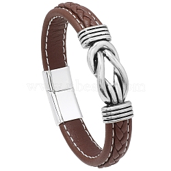 Minimalist Punk Alloy Hollow Knot Link Bracelet, PU Leather Cord Bracelet with Magnetic Buckles, Saddle Brown, 8-7/8 inch(22.5cm)(PW-WG78920-07)